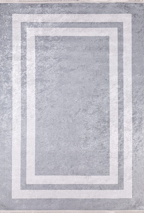 Load image 1 in gallery view. The Refined Edge - Washable Rug - JR573 features a light gray-anthracite tone with two slim white borders near the edges on a subtly textured background—ideal for high-traffic spaces and easy to clean.