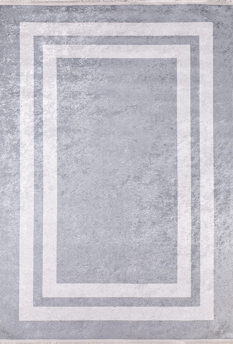The Refined Edge - Washable Rug - JR573 features a light gray-anthracite tone with two slim white borders near the edges on a subtly textured background—ideal for high-traffic spaces and easy to clean.
