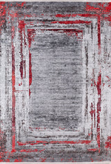 The Refined and Timeless - Washable Rug - JR1500 features a gray abstract design with layered rectangular frames and distressed red and black edges, offering a modern textured look that's perfect for high-traffic areas.