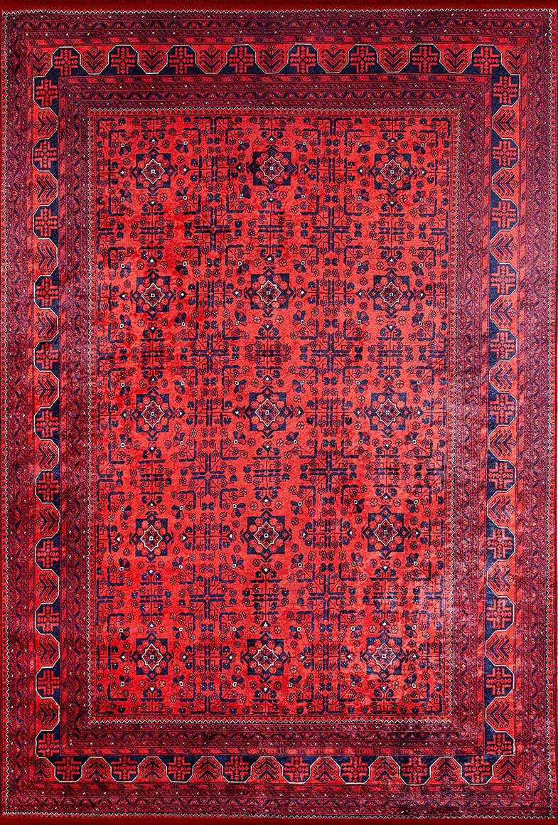 The Regal Accents - Washable Rug - JR36 is a rectangular red rug with intricate dark blue and black geometric patterns, multiple borders, and a detailed central field—ideal for high-traffic areas.