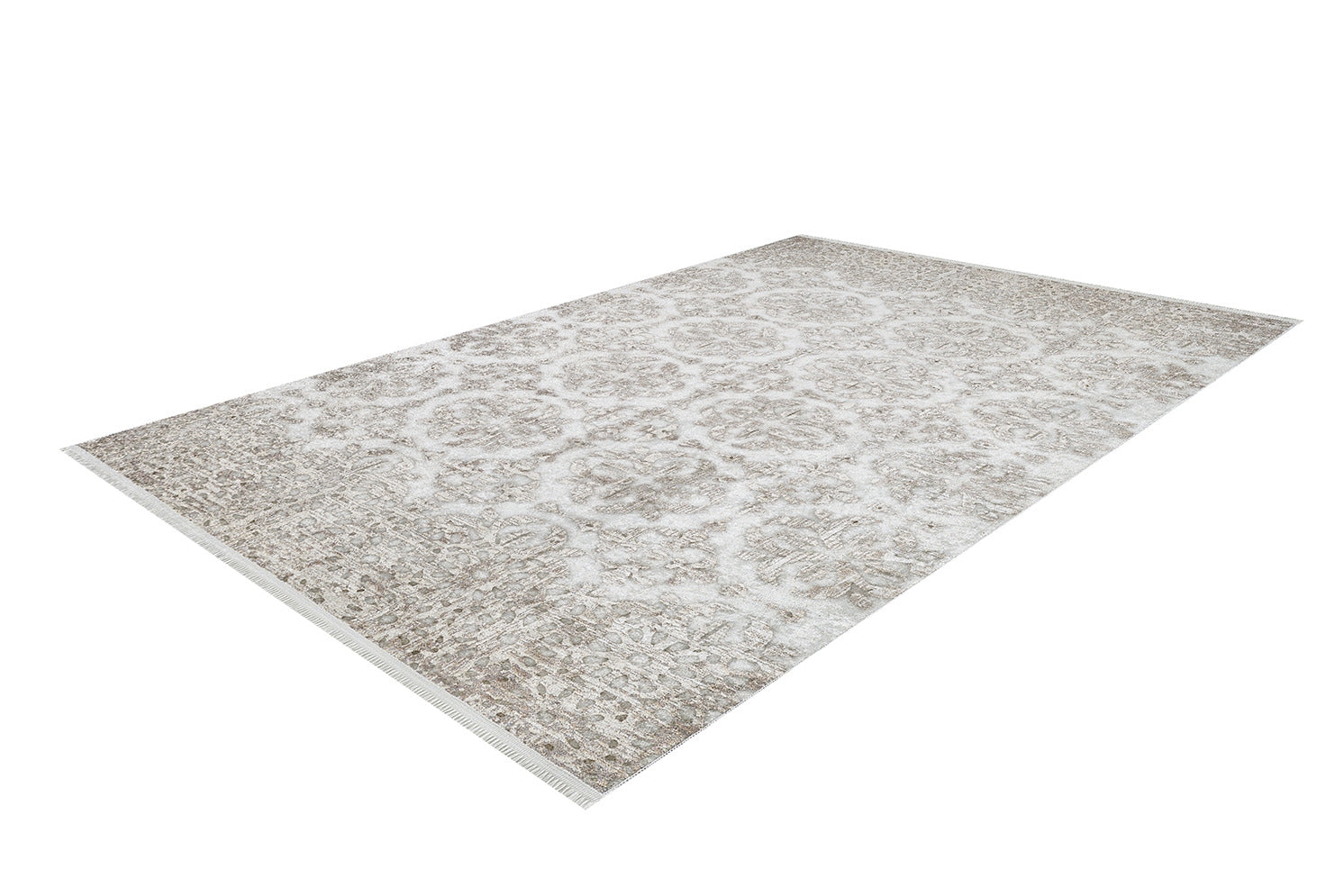 The Regal Embellishment - Washable Rug - JR1590 is a flat weave, rectangular rug with a beige and off-white ornate floral pattern and fringed edges, shown on a white background.
