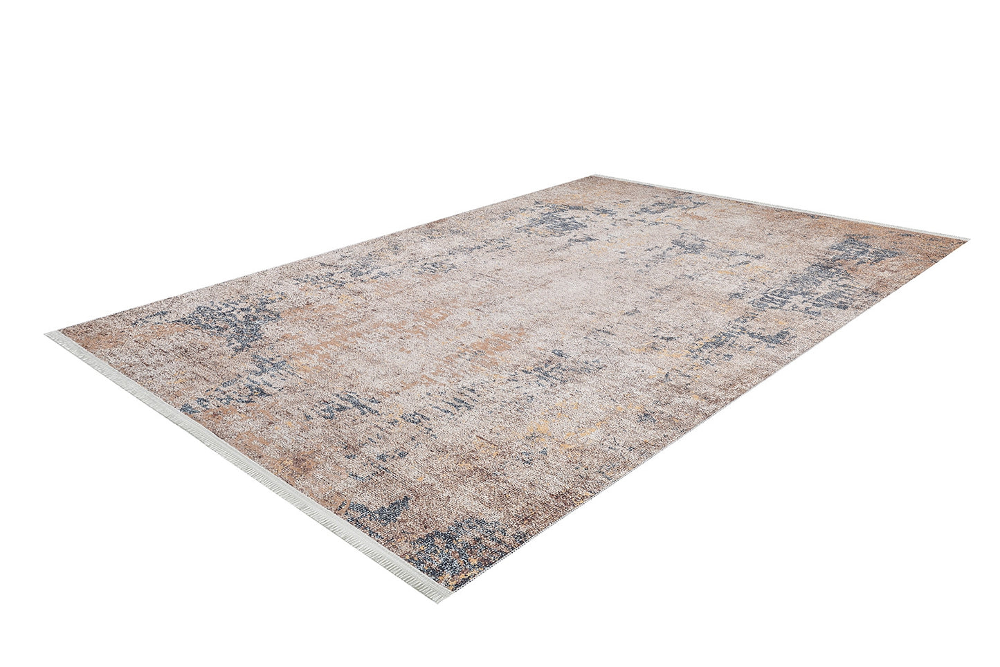 The Rhythmic Ripples - Washable Rug - JR1637 is a rectangular flat weave rug in cream and beige with a distressed vintage pattern, subtle fringe on the short edges, and blue and brown accents, displayed on a white background.