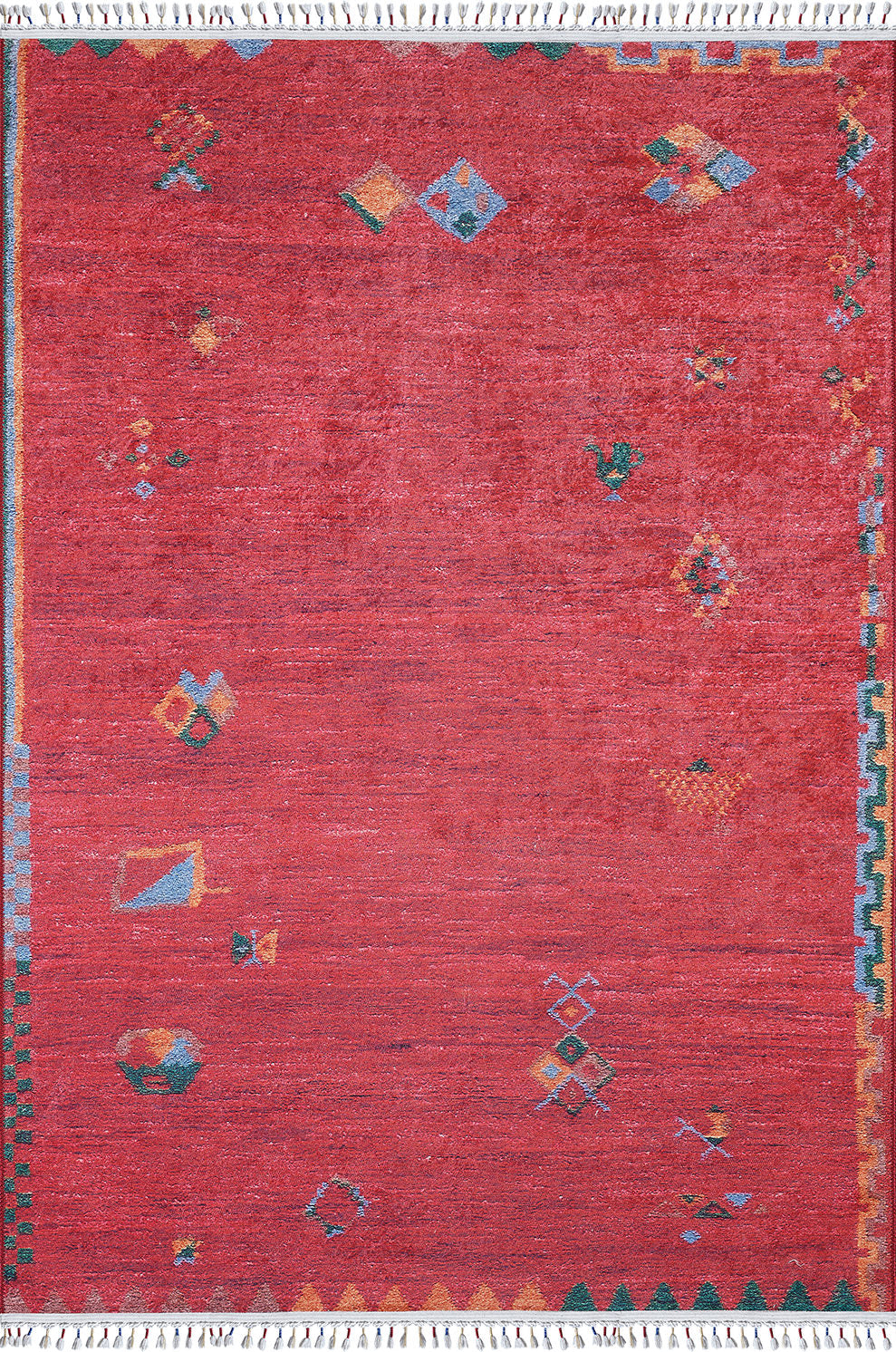 The Rosy Blush machine-washable rug (JRS5067) is a rectangular red design with minimal, asymmetrical yellow, blue, and green geometric patterns, fringed edges, and a narrow multicolored border—stylish, durable, and easy to maintain.
