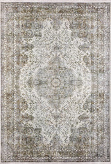 The Royal Legacy - Washable Rug - JR207 features an intricate floral and vine pattern in muted beige, gray, and olive green with a central medallion and detailed border—ideal for high-traffic areas.