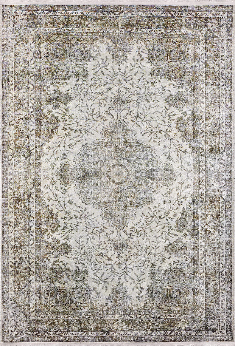 The Royal Legacy - Washable Rug - JR207 features an intricate floral and vine pattern in muted beige, gray, and olive green with a central medallion and detailed border—ideal for high-traffic areas.