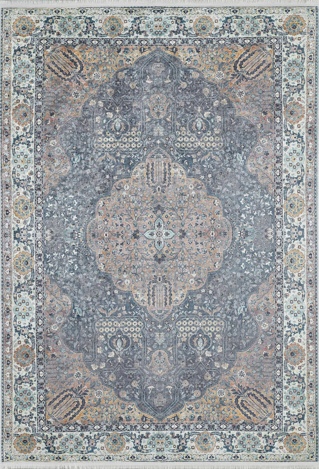 The Royal Sultan - Washable Rug - JR1970 features a Persian-style central medallion in blue, grey, and beige with detailed floral and geometric patterns—washable and ideal for allergy-sensitive homes.