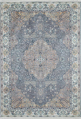 The Royal Sultan - Washable Rug - JR1970 features a Persian-style central medallion in blue, grey, and beige with detailed floral and geometric patterns—washable and ideal for allergy-sensitive homes.