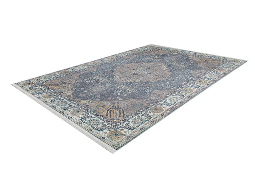 Load image 1 in gallery view. The Royal Sultan - Washable Rug - JR1970 is a large blue rectangular Persian-style rug with intricate floral and geometric patterns in muted blue, gray, and beige tones, ideal for allergy-sensitive homes. Shown on a white background.