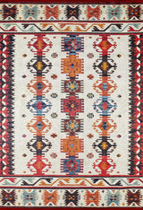 The Rustic Refrain - Washable Rug - JR149 is a flat weave, multicolor rug with geometric shapes in red, orange, blue, yellow, and black on a cream background, featuring symmetrical designs and bold end borders.