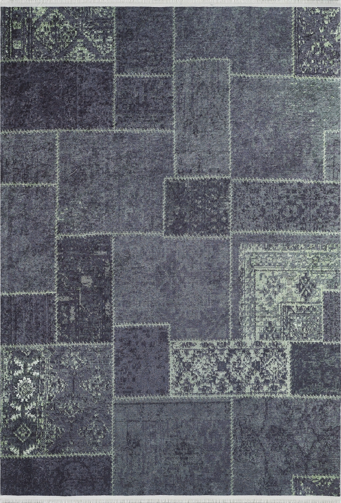 The Rustic Remix - Washable Rug - JR1710 features a rectangular shape and patchwork design in blue and gray, with varied patterns in each section, making it ideal for high-traffic areas.