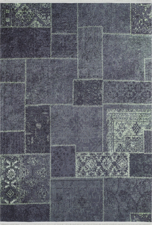 Load image 1 in gallery view. The Rustic Remix - Washable Rug - JR1710 features a rectangular shape and patchwork design in blue and gray, with varied patterns in each section, making it ideal for high-traffic areas.