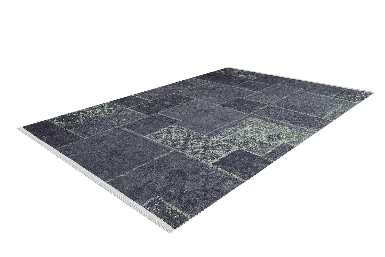 The Rustic Remix - Washable Rug - JR1710 is a large rectangular rug with a dark blue and gray patchwork design featuring geometric and ornamental patterns. Shown on a white background, it's ideal for high-traffic areas and easy to clean.
