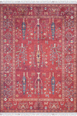 The Rustic Retreat - Washable Rug - JR5095 features a red base with detailed blue, yellow, and beige floral and vine patterns, bordered by elegant motifs and white fringe—ideal as a washable rug for high-traffic spaces.