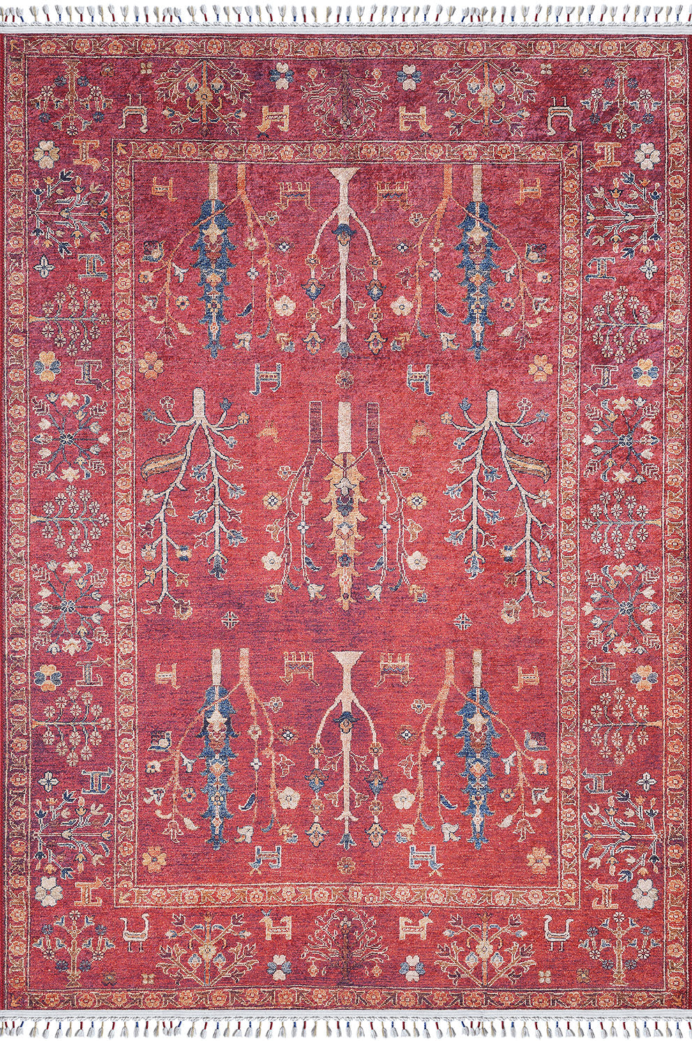 The Rustic Retreat - Washable Rug - JR5095 features a red base with detailed blue, yellow, and beige floral and vine patterns, bordered by elegant motifs and white fringe—ideal as a washable rug for high-traffic spaces.