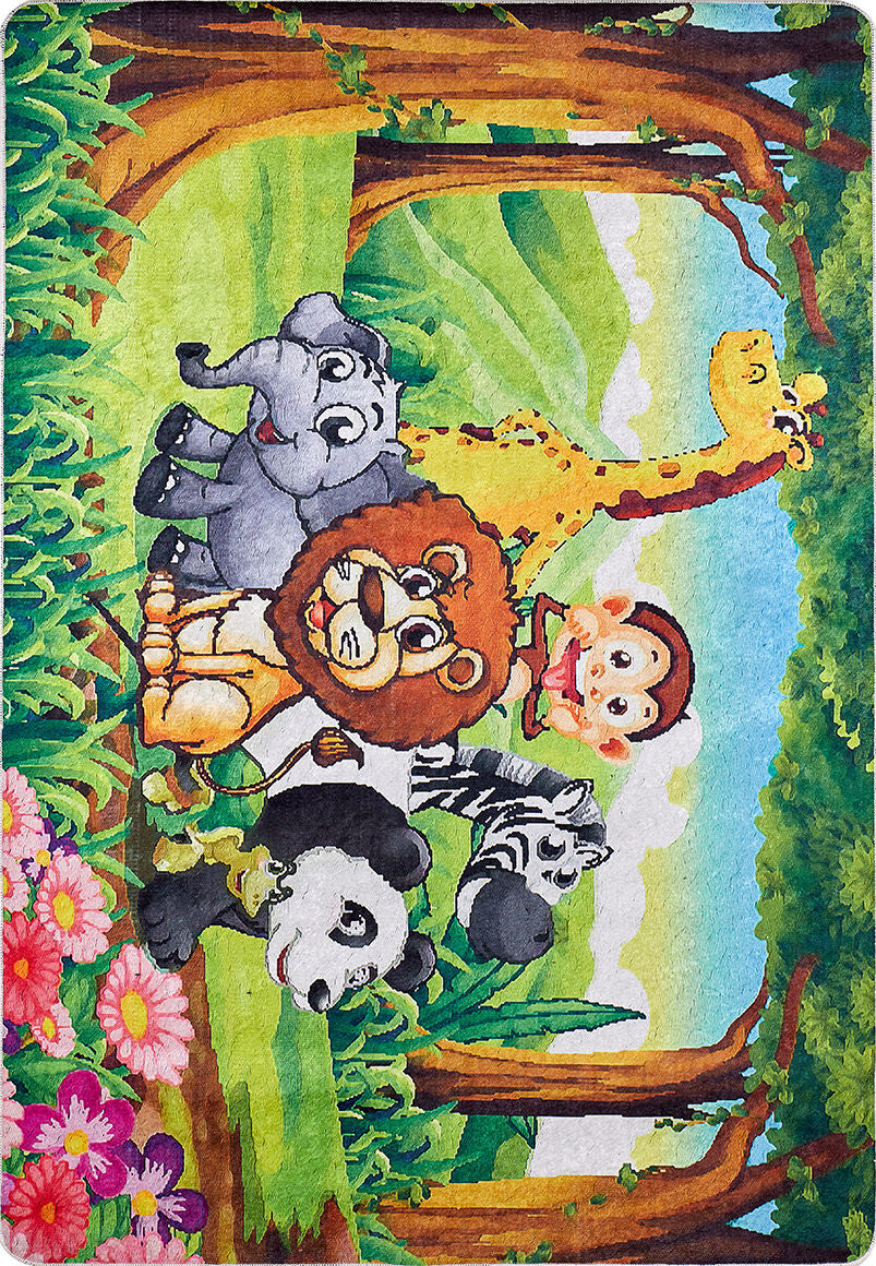 Add a playful touch to high-traffic spaces with the Safari Buddies - Machine-Washable Rug JRC041, featuring a cartoon jungle scene of smiling elephant, lion, monkey, giraffe, panda, and zebra among vibrant trees and flowers.
