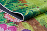 Close-up of the Safari Buddies - Machine-Washable Rug JRC041, featuring a colorful floral pattern with green leaves and pink and purple flowers, detailed edge stitching, and a glimpse of the underside—ideal for high-traffic areas.