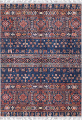 The Sahara Sunrise - Washable Rug - JR5091 is a rectangular washable rug with geometric, floral, and animal motifs in blue, red, white, and orange. It’s ideal for high-traffic areas and features horizontal rows with tassels at each end.