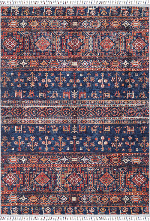 Load image 1 in gallery view. The Sahara Sunrise - Washable Rug - JR5091 is a rectangular washable rug with geometric, floral, and animal motifs in blue, red, white, and orange. It’s ideal for high-traffic areas and features horizontal rows with tassels at each end.