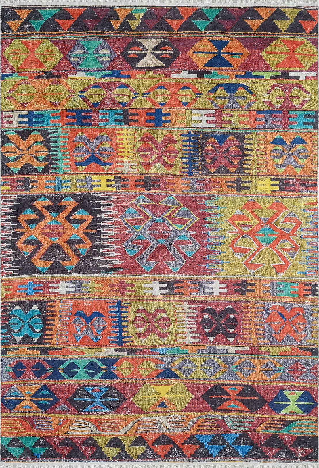 The Serene Sahara - Washable Rug - JR1959 features vibrant horizontal bands of geometric shapes and zigzags in red, orange, yellow, blue, green, and black. Its intricate design is perfect for adding style to high-traffic areas.