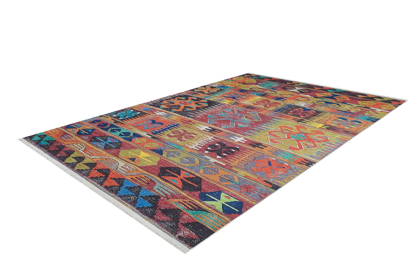 The Serene Sahara - Washable Rug - JR1959 is a rectangular, multicolor rug with geometric patterns in vibrant red, blue, yellow, orange, and green plus fringed edges—perfect for high-traffic areas.