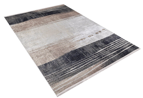 Load image 1 in gallery view. The Serene Swirls - Washable Rug - JR952 features a modern design with horizontal stripes in beige, bronze, and brown tones. Subtle textured patterns enhance its look, making it ideal for high-traffic areas. Shown on a white background.