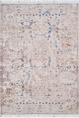 The Shangri-La - Washable Rug - JR5042 is a beige area rug with a faded blue and rust distressed pattern, subtle geometric and floral motifs, fringed edges, and an allergy-sensitive washable design for easy care.