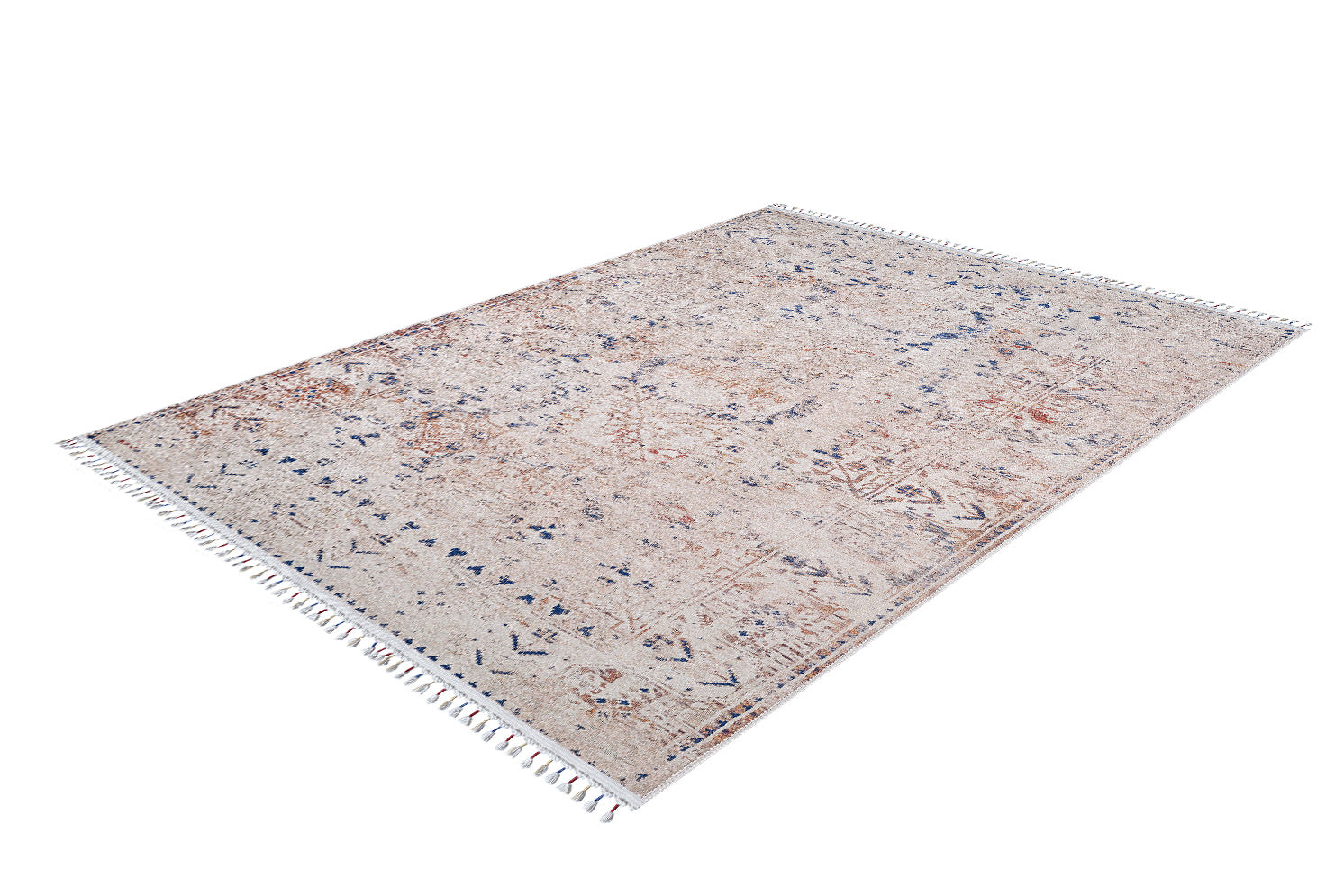 The Shangri-La Washable Rug - JR5042 is a rectangular, allergy-friendly rug with a distressed beige, brown, and blue pattern. Subtle geometric shapes and short fringe on the edges evoke the charm of classic cream and beige rugs.