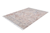 The Shangri-La Washable Rug - JR5042 is a rectangular, allergy-friendly rug with a distressed beige, brown, and blue pattern. Subtle geometric shapes and short fringe on the edges evoke the charm of classic cream and beige rugs.