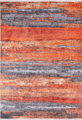 The Sleek Brushed - Washable Rug - JR431 features horizontal streaks in orange, red, and gray for a textured, sunset-inspired look—durable and perfect for high-traffic areas.
