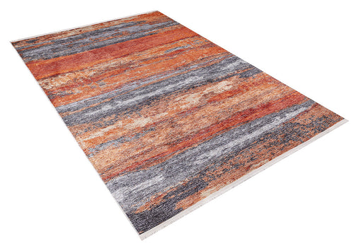 Load image 1 in gallery view. The Sleek Brushed - Washable Rug - JR431 features a rectangular design with horizontal textured stripes in orange, rust, and gray tones—ideal for high-traffic spaces—displayed on a white background.