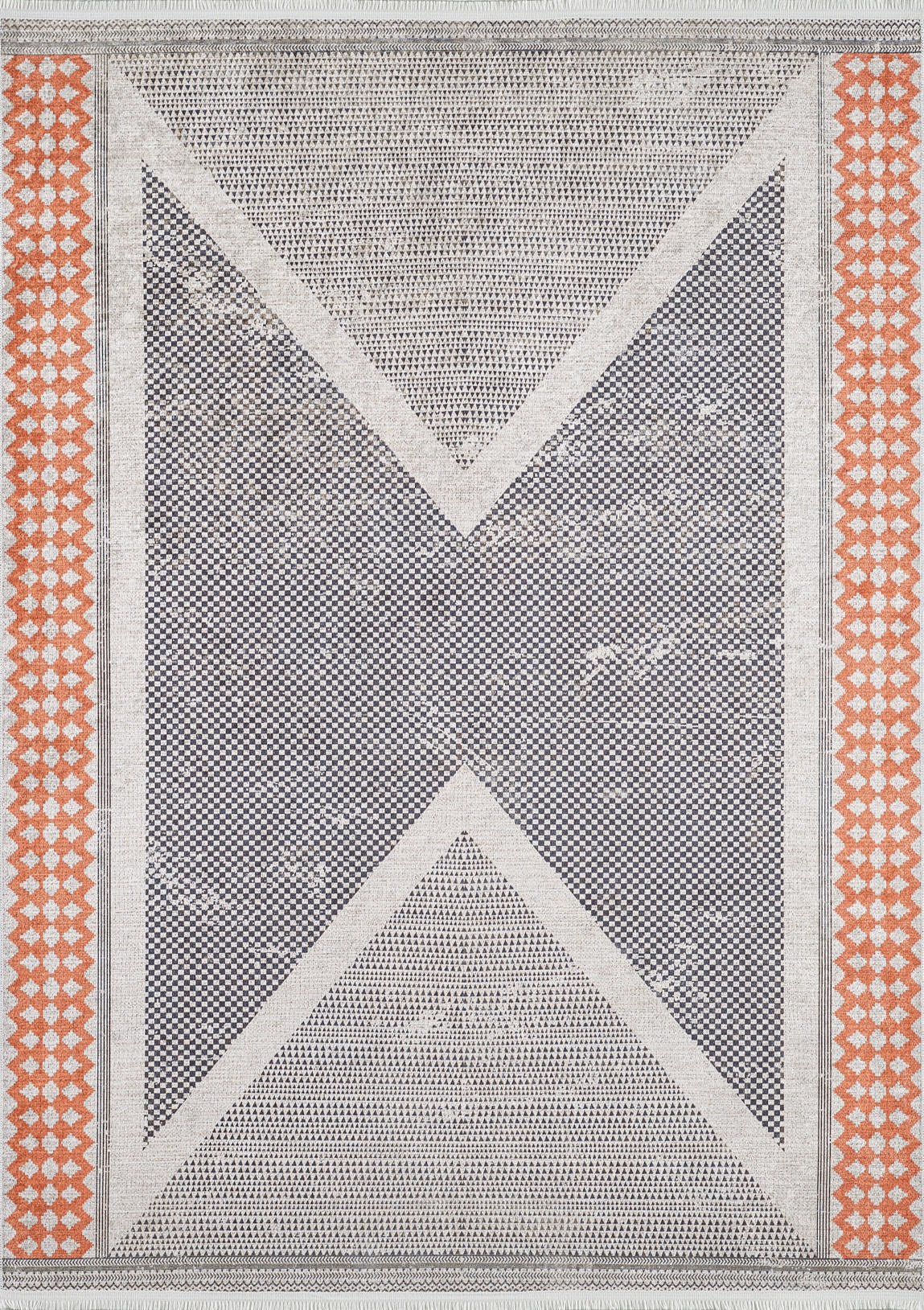 The Sleek Design - Washable Rug - JR1727 showcases a gray and white geometric X pattern, accented with orange diamond borders and a subtle dotted texture, perfect for high-traffic spaces.