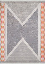 The Sleek Design - Washable Rug - JR1727 showcases a gray and white geometric X pattern, accented with orange diamond borders and a subtle dotted texture, perfect for high-traffic spaces.