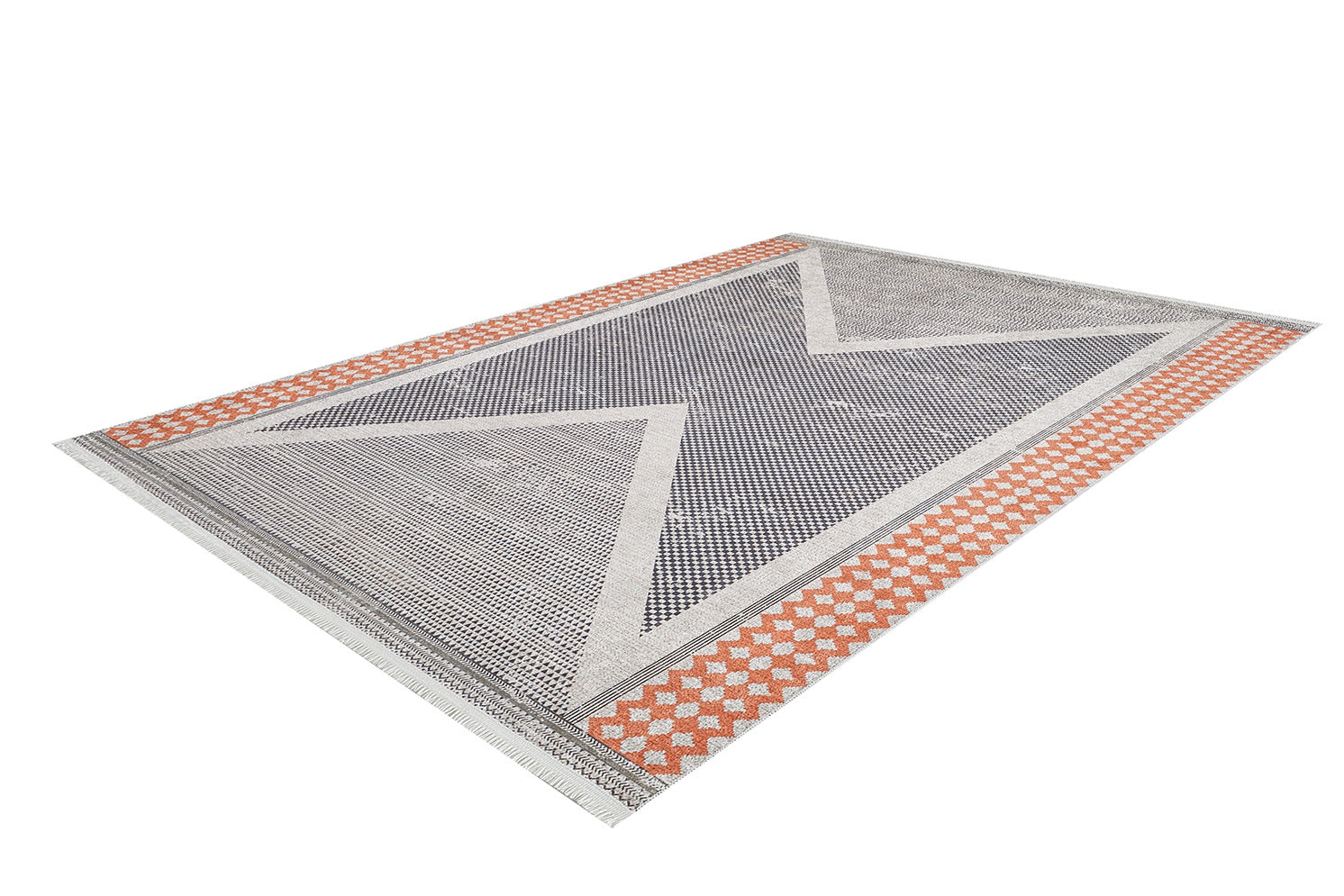 The Sleek Design - Washable Rug - JR1727 is a rectangular rug with a central black and white chevron pattern and orange and white diamond borders, durable for high-traffic areas and ideal for allergy-sensitive homes.