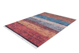 The Soft Brushed - Washable Rug - JR5056 features multicolor horizontal stripes in red, orange, brown, blue, and gray with short white fringes on the ends. This washable rug is ideal for brightening high-traffic areas. Shown on a white background.