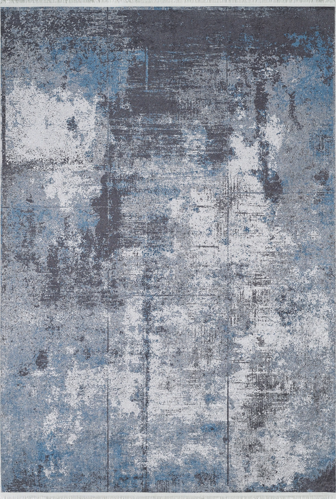The Solar Eclipse - Washable Rug - JR1921 features a distressed abstract pattern in blue, gray, and white with a weathered, artistic look—perfect for high-traffic areas and easy to clean.