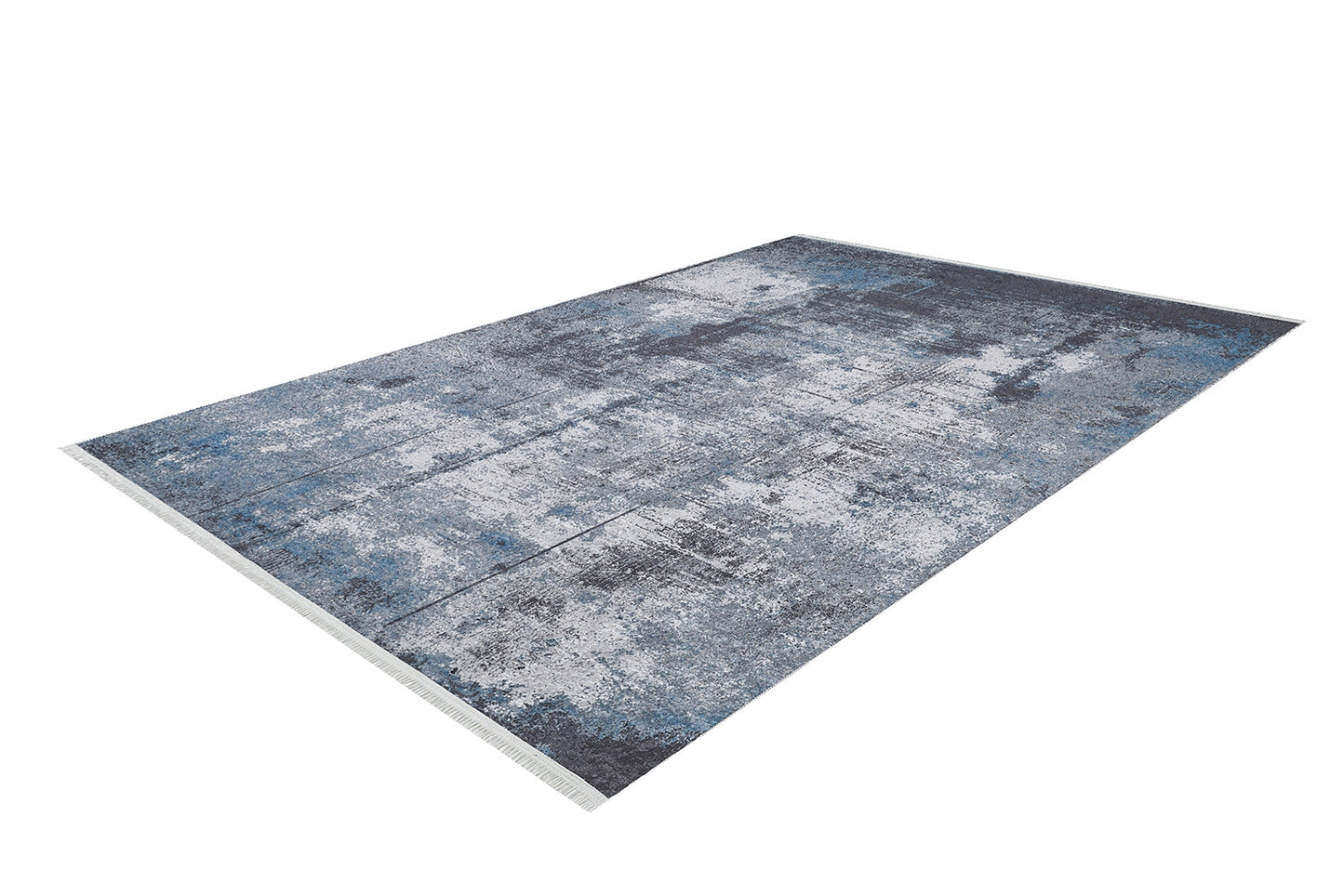 The Solar Eclipse - Washable Rug - JR1921 features a rectangular, distressed abstract design in blue, gray, and white. Ideal for high-traffic areas, it’s shown laid flat against a white background.