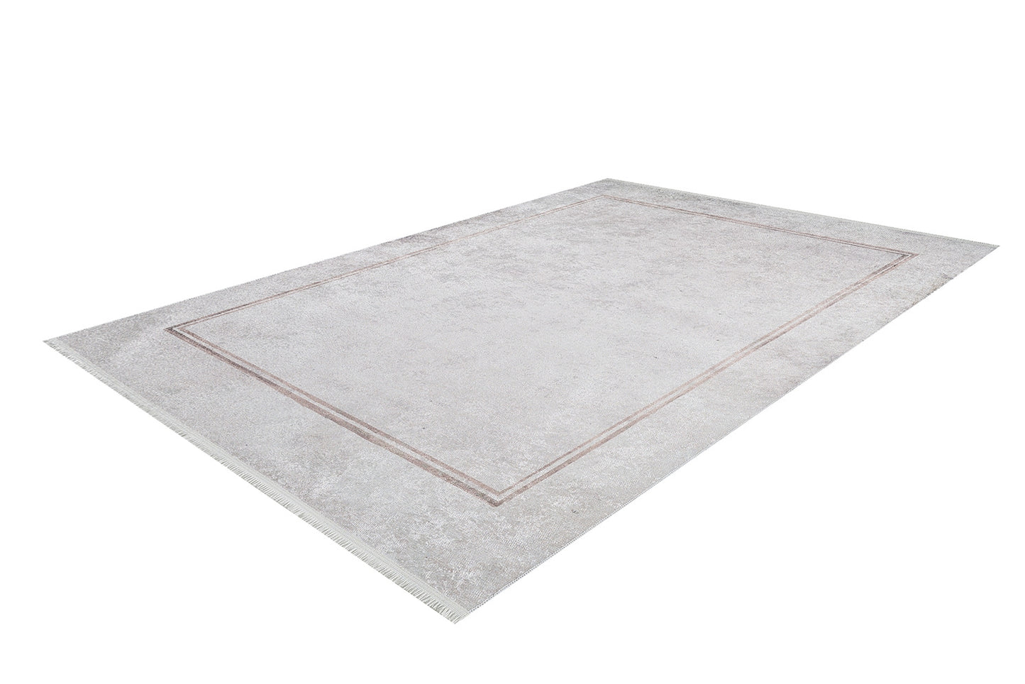 The Sophisticated Edging - Washable Rug - JR1738 is a light gray flat weave rug featuring a subtle thin double border and short fringe on the short edges, shown against a white background.