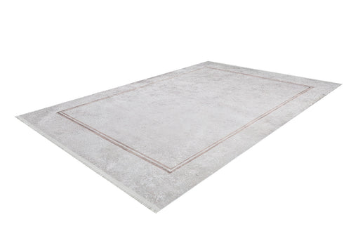 Load image 1 in gallery view. The Sophisticated Edging - Washable Rug - JR1738 is a light gray flat weave rug featuring a subtle thin double border and short fringe on the short edges, shown against a white background.