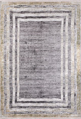 The Sophisticated Trellis - Washable Rug (JR1194) features a textured gray center, three uneven white and beige borders, and muted gold and olive edges. Perfect for allergy-sensitive homes and high-traffic areas.