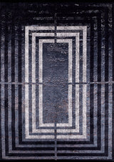 The Sophisticated and Chic - Washable Rug - JR1409 features a flat weave with white and black geometric rectangular outlines on a dark, textured background for a modern look.