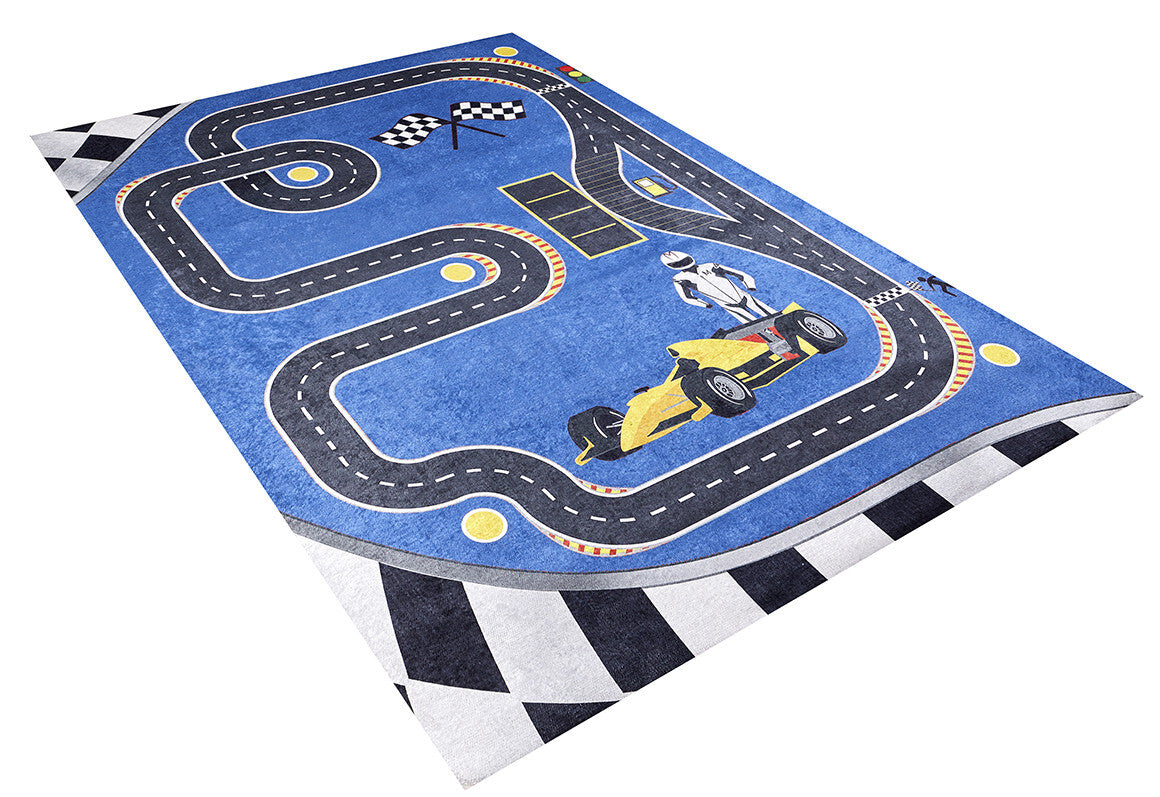 The Speedway Sprouts - Machine-Washable Rug JRC068 features a blue racetrack design with checkered flags, road markings, and a yellow race car driven by a racer. Checkerboard corners make it perfect for busy, high-traffic spaces.