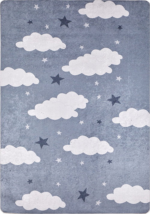 Load image 1 in gallery view. The Starry Cloudscape - Machine-Washable Rug JRC045 showcases a blue-gray background with white clouds and dark blue stars in various sizes, creating a whimsical sky-themed design ideal for modern spaces.