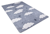 The Starry Cloudscape - Machine-Washable Rug JRC045 features a gray background with white clouds and dark blue stars, combining style and practicality—perfect for any kids’ room.