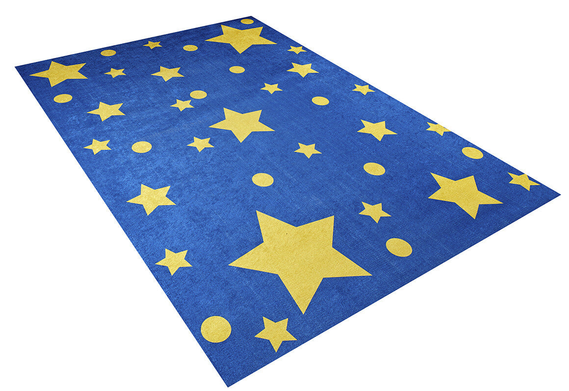 The Starry Dreams - Machine-Washable Rug JRC004 is a blue rug adorned with yellow stars and circles, ideal for allergy-sensitive spaces.