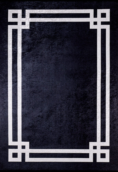 Load image 1 in gallery view. The Subtle Border - Washable Rug - JR597 is a dark black rug with a simple geometric border of double white lines forming right angles at the corners, creating a modern, symmetrical frame—perfect for high-traffic areas.