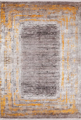 The Subtle Elegance - Washable Rug - JR1174 features a textured, abstract grey and beige design with layered golden yellow, orange, and bronze borders around a muted grey field—ideal for high-traffic areas.
