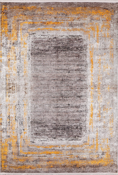 Load image 1 in gallery view. The Subtle Elegance - Washable Rug - JR1174 features a textured, abstract grey and beige design with layered golden yellow, orange, and bronze borders around a muted grey field—ideal for high-traffic areas.