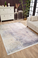 The Sunset Sky Ombre - Washable Rug - JR1918, featuring a subtle abstract design, brightens a modern living room with wood floors, a white dresser, potted plants, and a beige sofa—ideal for high-traffic spaces near large windows.