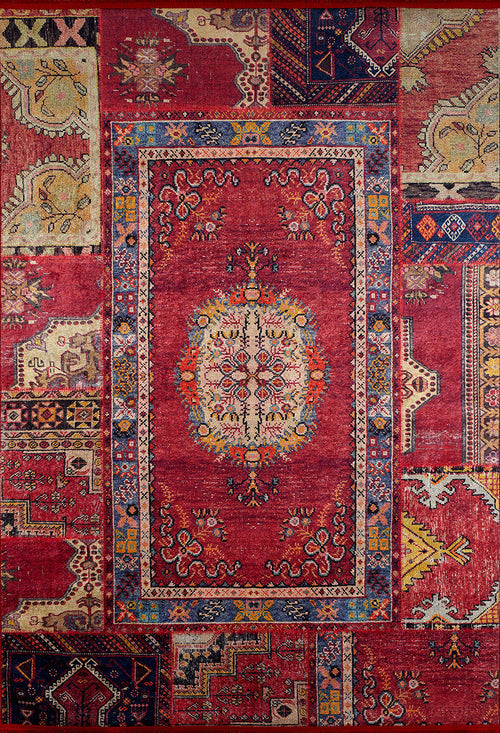 Load image 1 in gallery view. The Tapestry Tango - Washable Rug - JR313 features a vibrant patchwork with cream, blue, green, and yellow floral and geometric motifs on a bold red center—durable and perfect for high-traffic spaces.