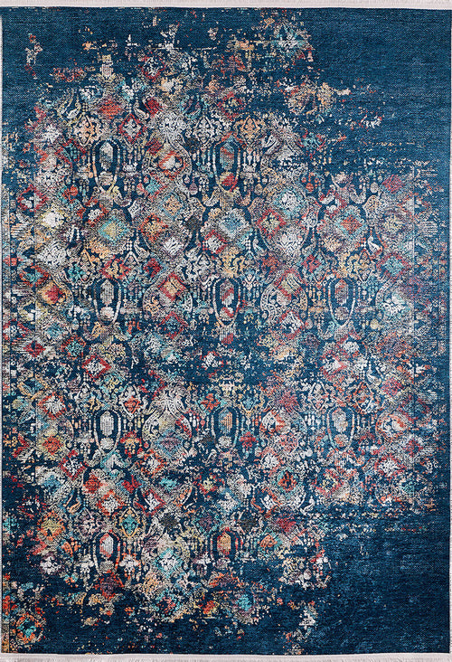 Load image 1 in gallery view. The Tarnished Elegance - Washable Rug - JR1095 is a rectangular, washable rug featuring a faded blue, red, yellow, and cream distressed pattern with symmetrical floral motifs—ideal for adding vintage flair to high-traffic spaces.